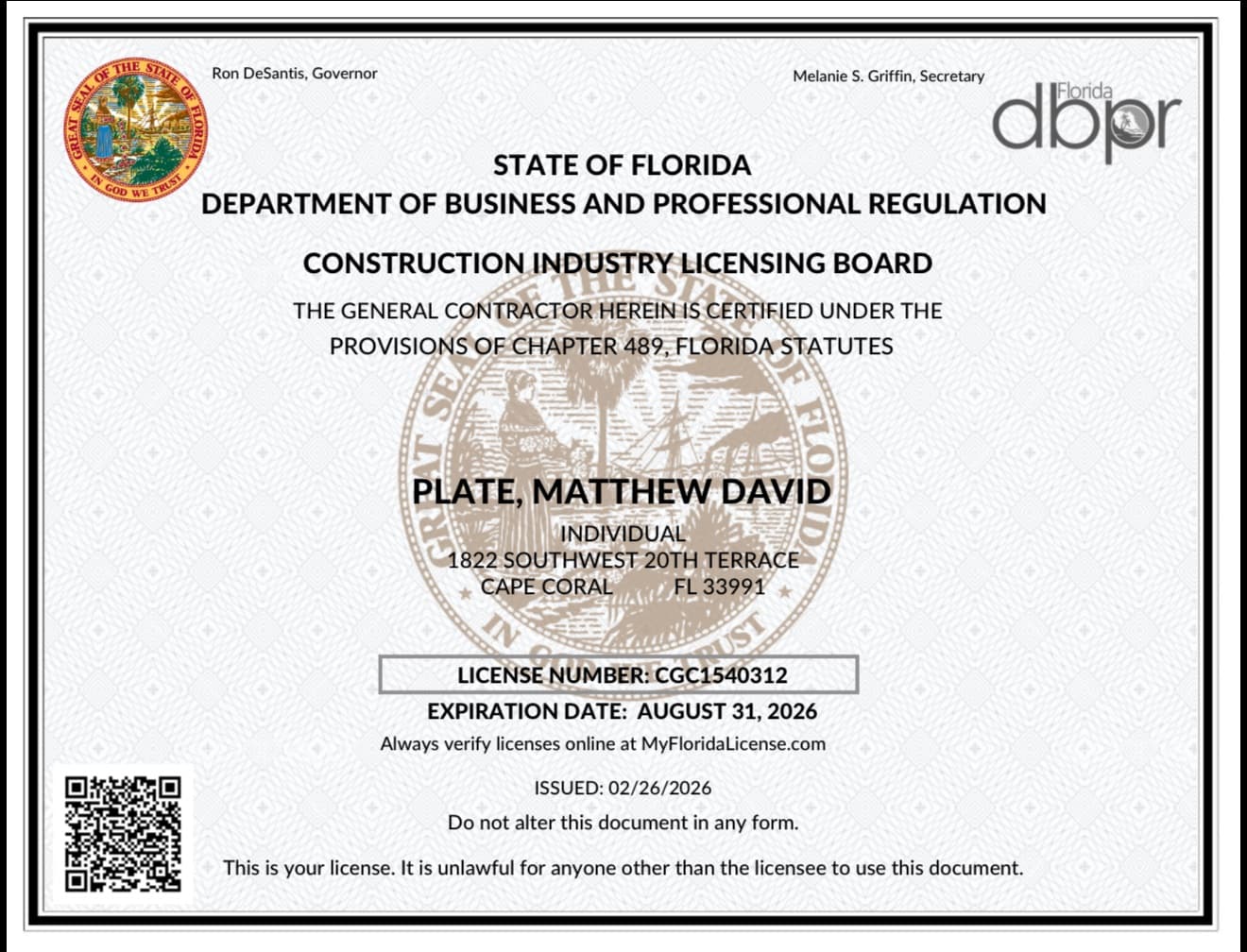 Florida Certified General Contractor License CGC1540312